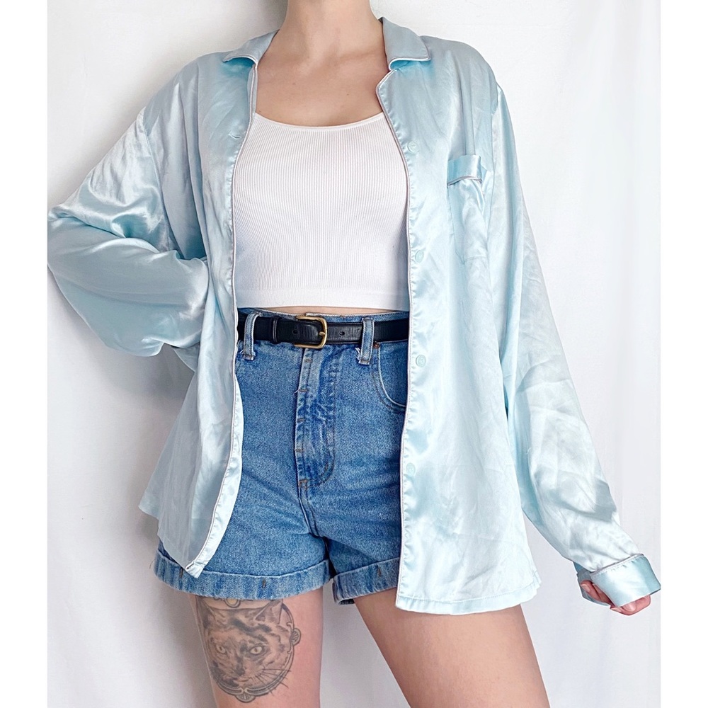 Vintage Victoria’s Secret Y2K Oversized Baby Blue Silky Button Down Top